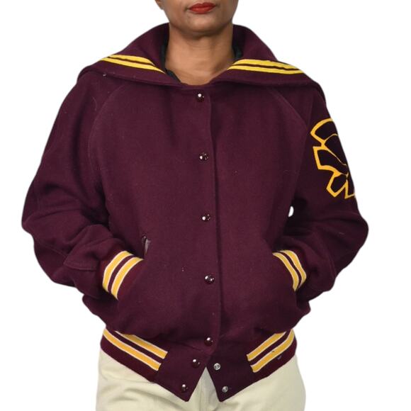 Vintage Holloway Varsity Jacket Red Wool College Letterman Trojan Patch 40 Large - Picture 1 of 14